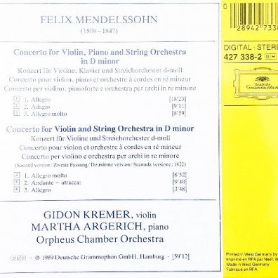 Gidon Kremer (Гидон Кремер): Mendelssohn: Concert For Violin & Piano