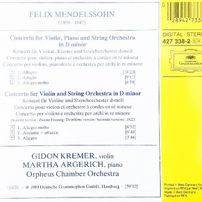 Mendelssohn: Concert For Violin & Piano Gidon Kremer (Гидон Кремер): Mendelssohn: Concert For Violin & Piano