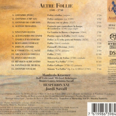 Altre Follie 1500 - 1750: De Cabezon, Mudarra, V. Ruffo, A. Vivaldi, A. Piccinini, Falconiero, Storace, Playford Etc. Manfredo Kraemer (Манфредо Краемер): Altre Follie 1500 - 1750: De Cabezon, Mudarra, V. Ruffo, A. Vivaldi, A. Piccinini, Falconiero, Storace, Playford Etc.