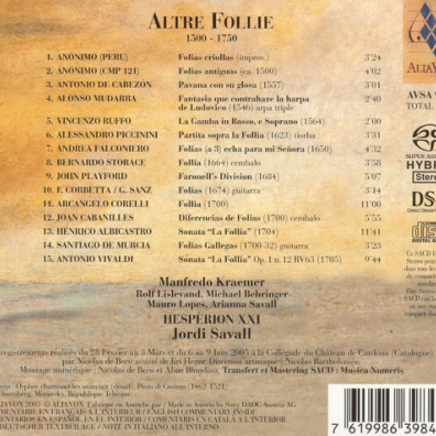 Manfredo Kraemer (Манфредо Краемер): Altre Follie 1500 - 1750: De Cabezon, Mudarra, V. Ruffo, A. Vivaldi, A. Piccinini, Falconiero, Storace, Playford Etc.