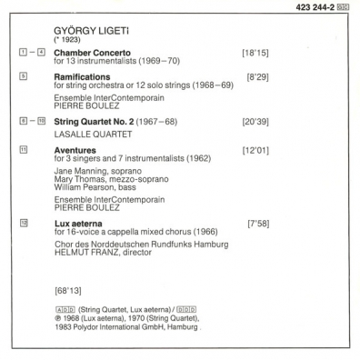 Ligeti: Chamber Concerto; Ramifications Pierre Boulez (Пьер Булез): Ligeti: Chamber Concerto; Ramifications